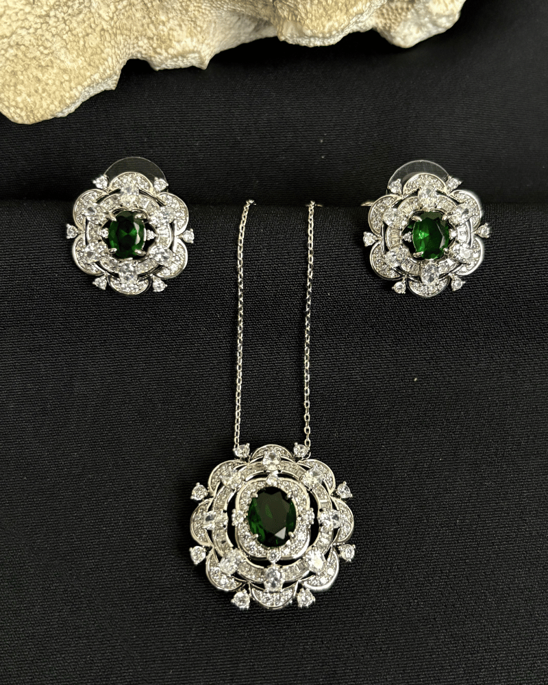 Rosette Emerald Pendant Set With Chain | Rhodium Plating
