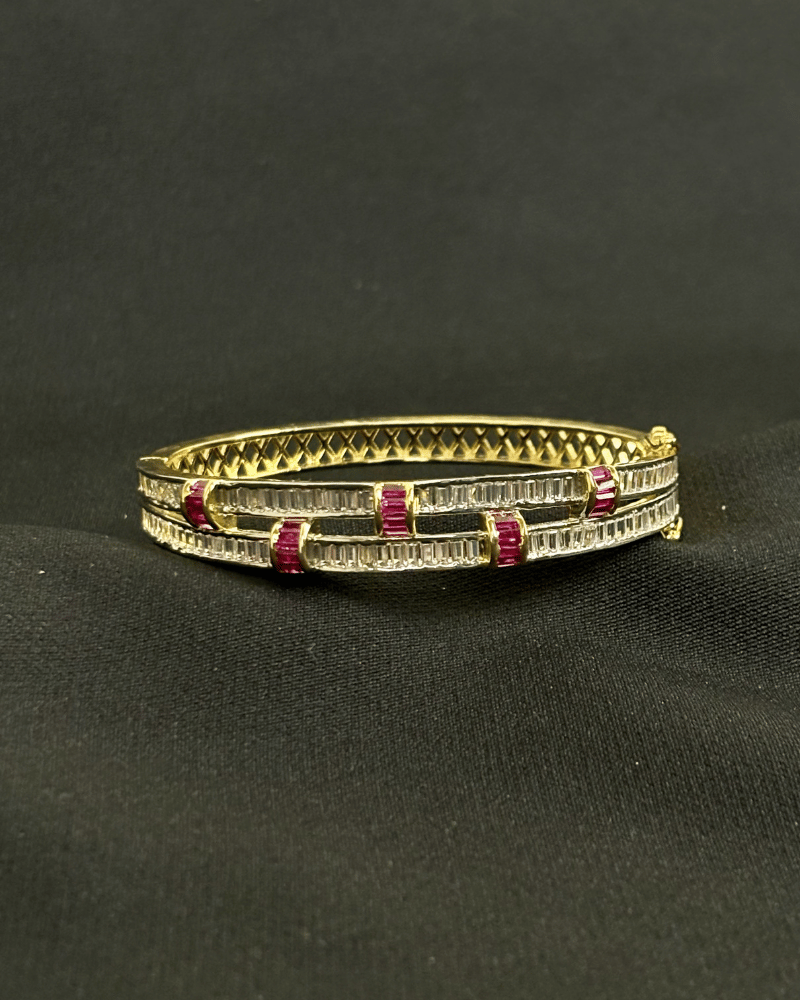 Double Line Diamond Bracelet With Red Choki Stones