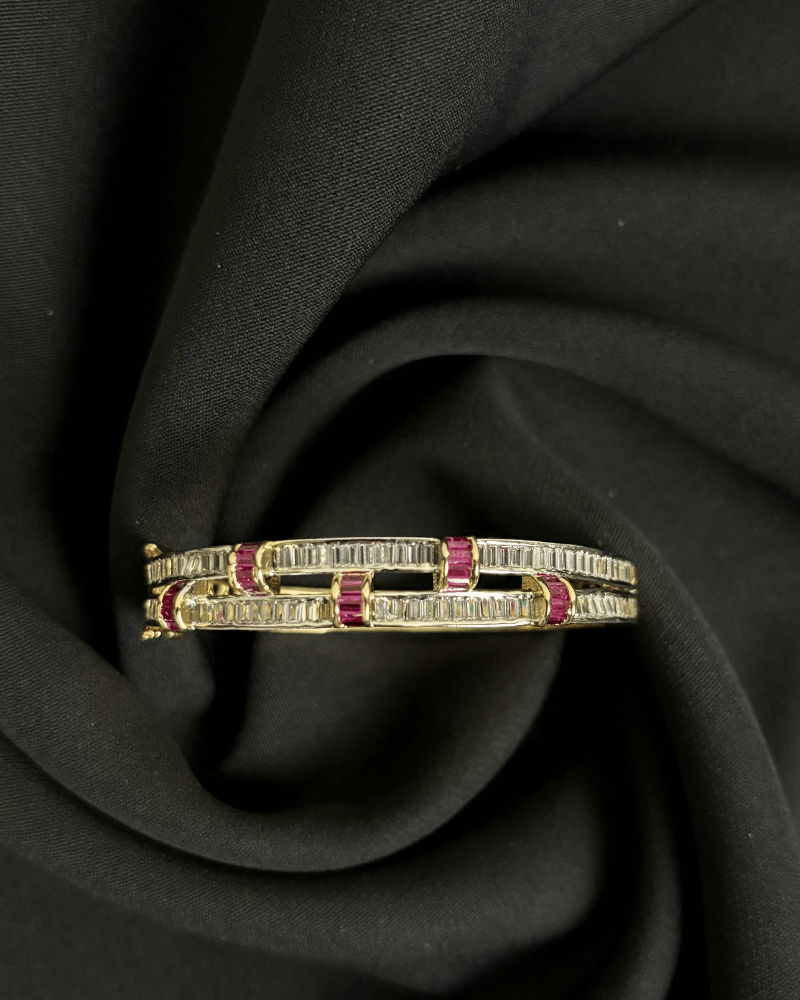 Double Line Diamond Bracelet With Red Choki Stones