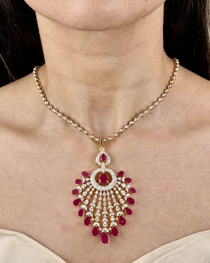 Meherza Ruby Diamond Pendant Set | Without Chain | Big Size