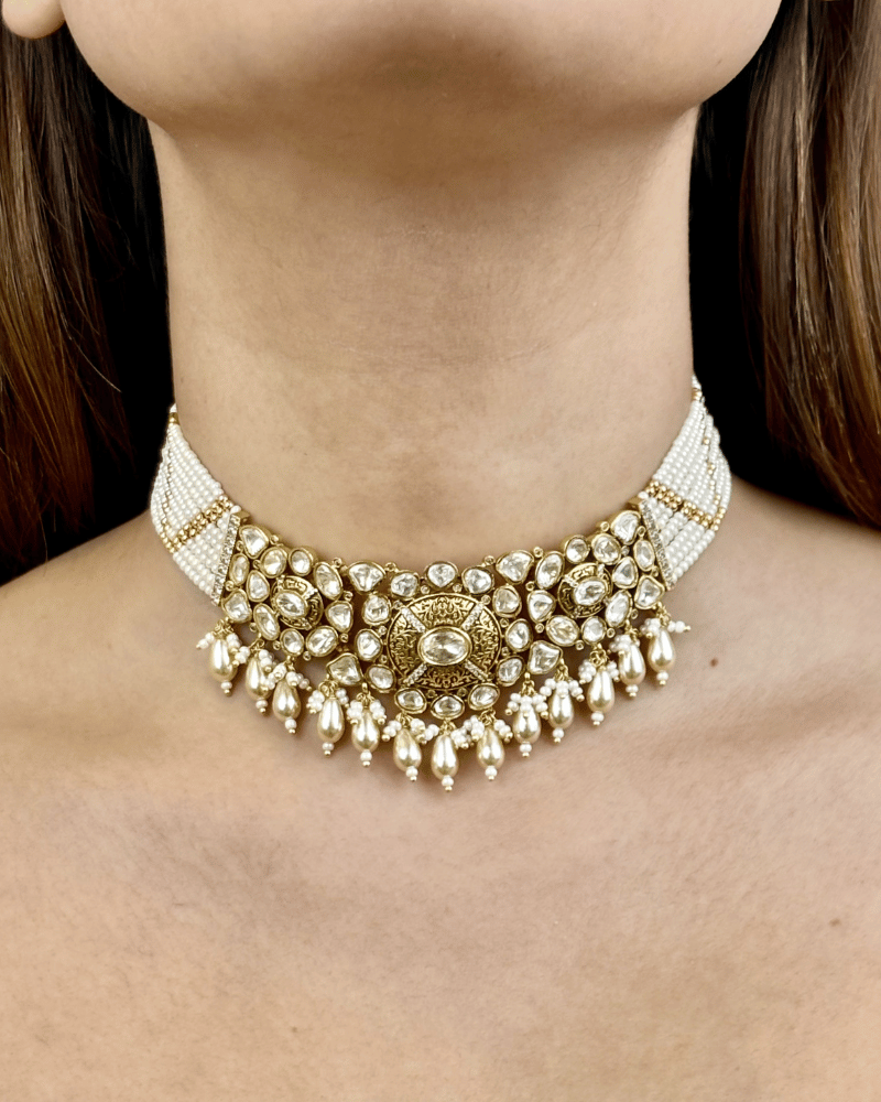 Nandita Moissanite Choker With Pearl Drops | Screw Back | 18K Gold Plating