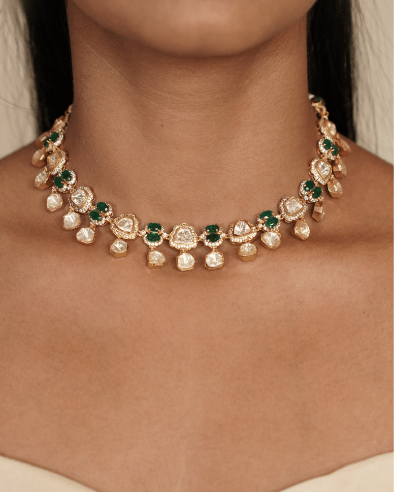Rasika Emerald Moissanite Necklace | Screw Back | 18K Gold Plating