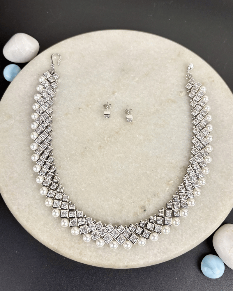 Mystic Diamond Necklace With Pearl Drops | Rhodium Plating