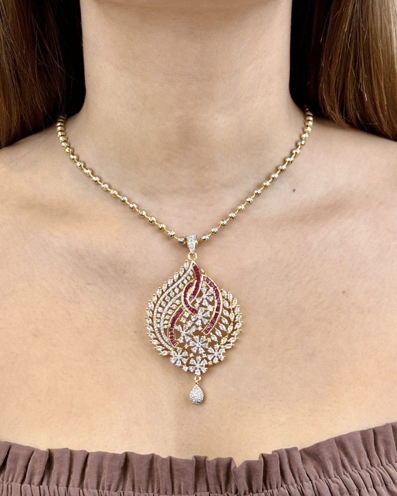 Aarunya Diamond Pendant With Red Choki Stones | Without Chain