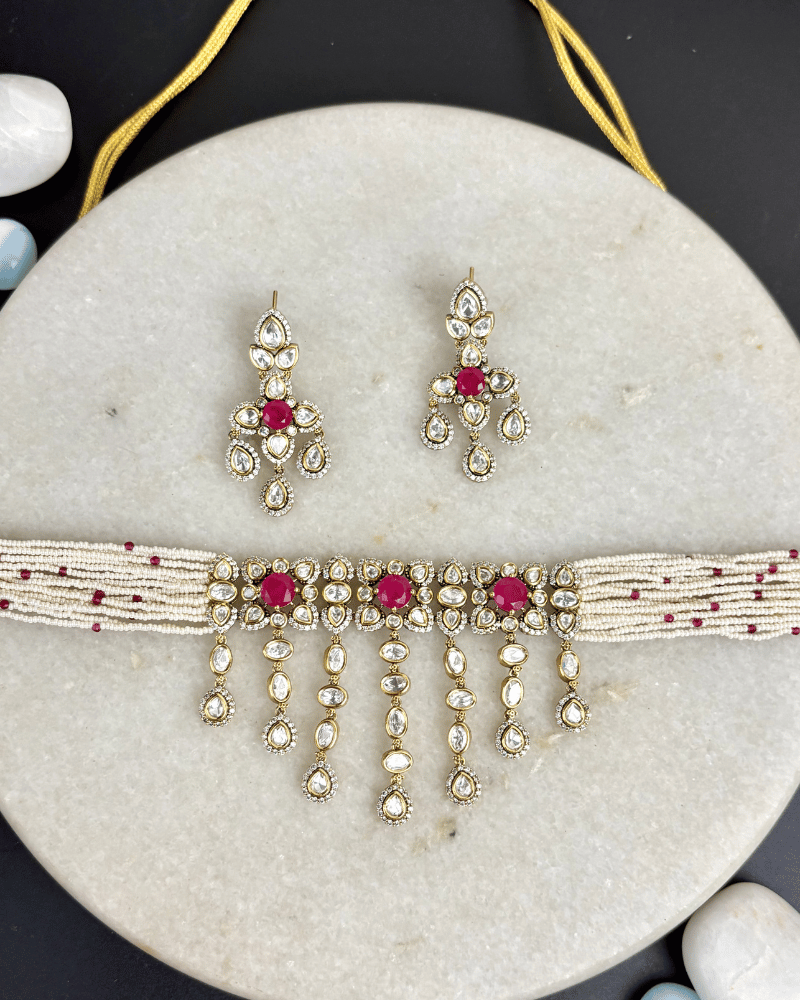 Meraki Triple Broach VIctorian Polki Choker | White Moti Strings