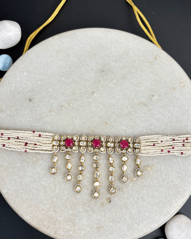 Meraki Triple Broach VIctorian Polki Choker | White Moti Strings