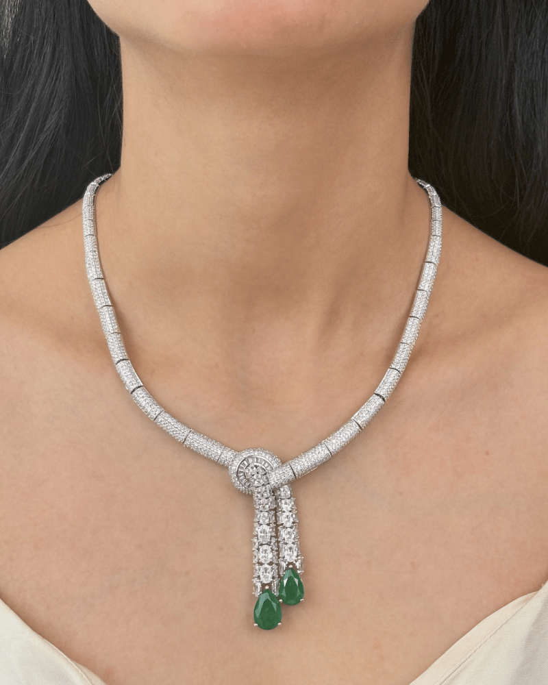 Emerald Crystal Duet Drop Diamond Necklace | Rhodium Plating