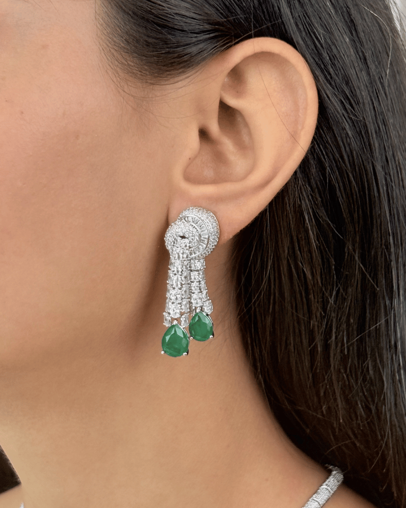 Emerald Crystal Duet Drop Diamond Necklace | Rhodium Plating