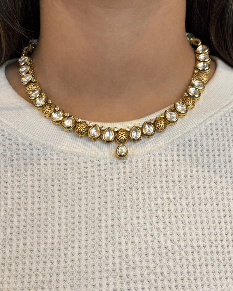 Kundan & Mint Work Single Line Necklace | 18K Gold Plating