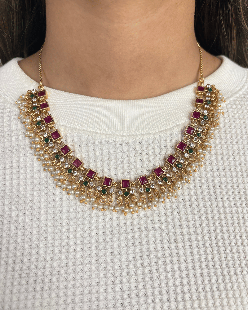 Reverse AD Necklace With Ruby & Emerald Stones