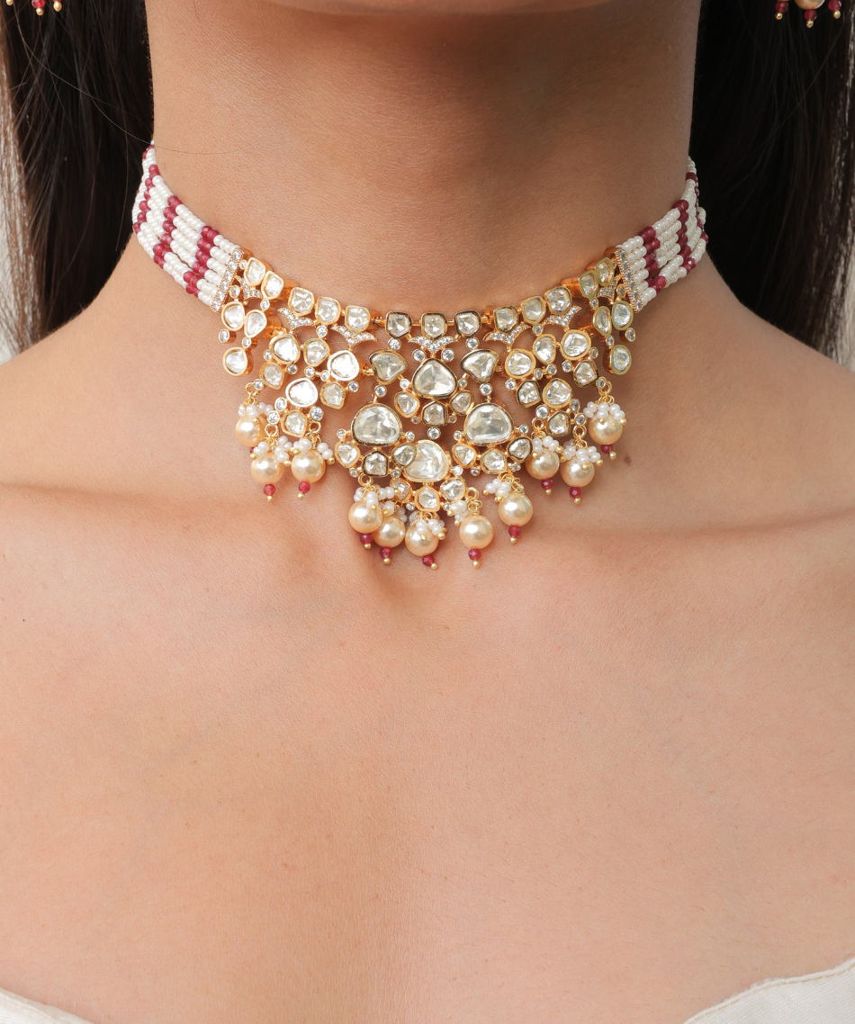 Mehrunisa Moissanite Choker With Red And White Moti Strings | Screw Back | 18K Gold Plating