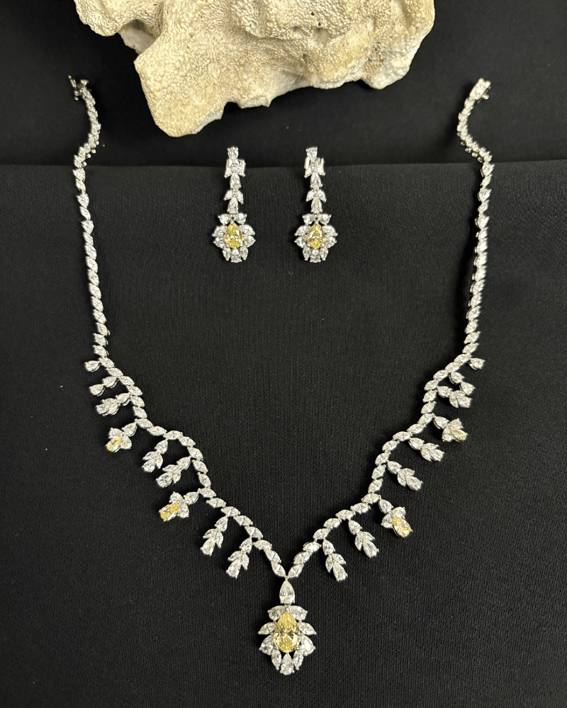 Zenvira Leaf Drop Citrine Necklace | Rhodium Plating