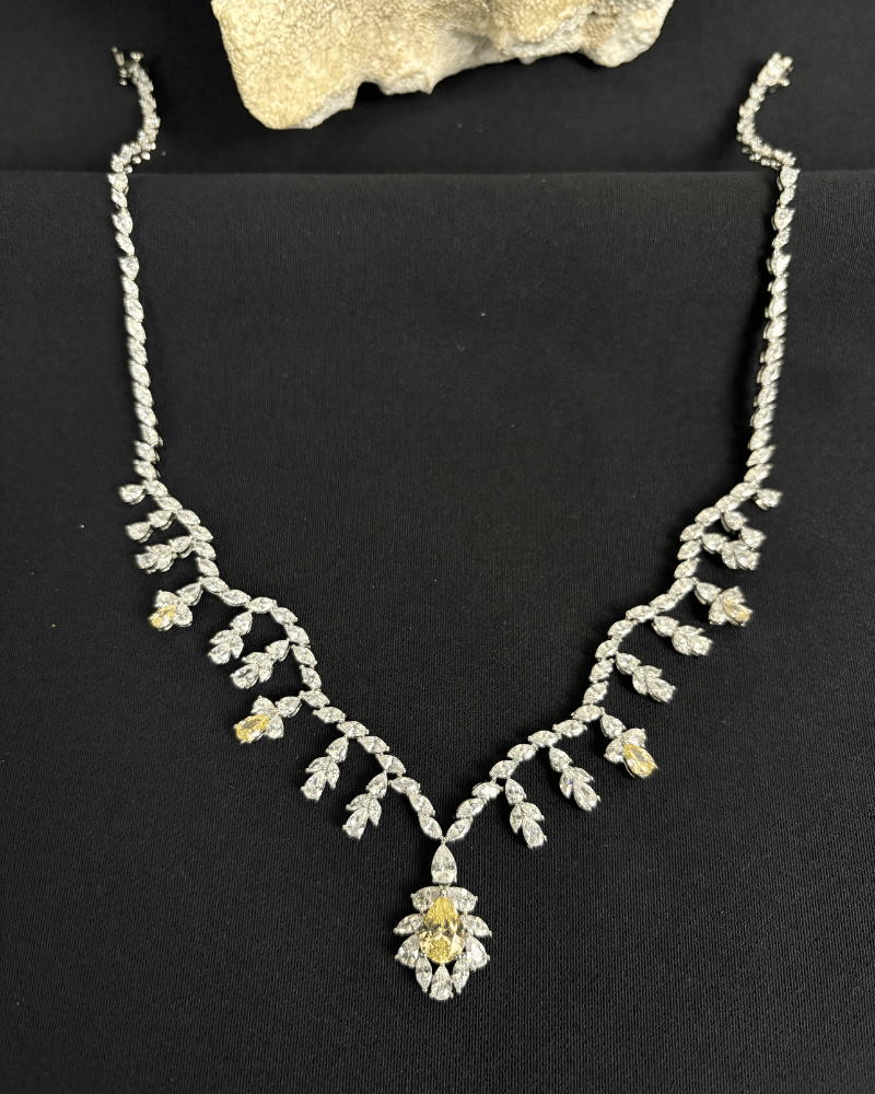 Zenvira Leaf Drop Citrine Necklace | Rhodium Plating