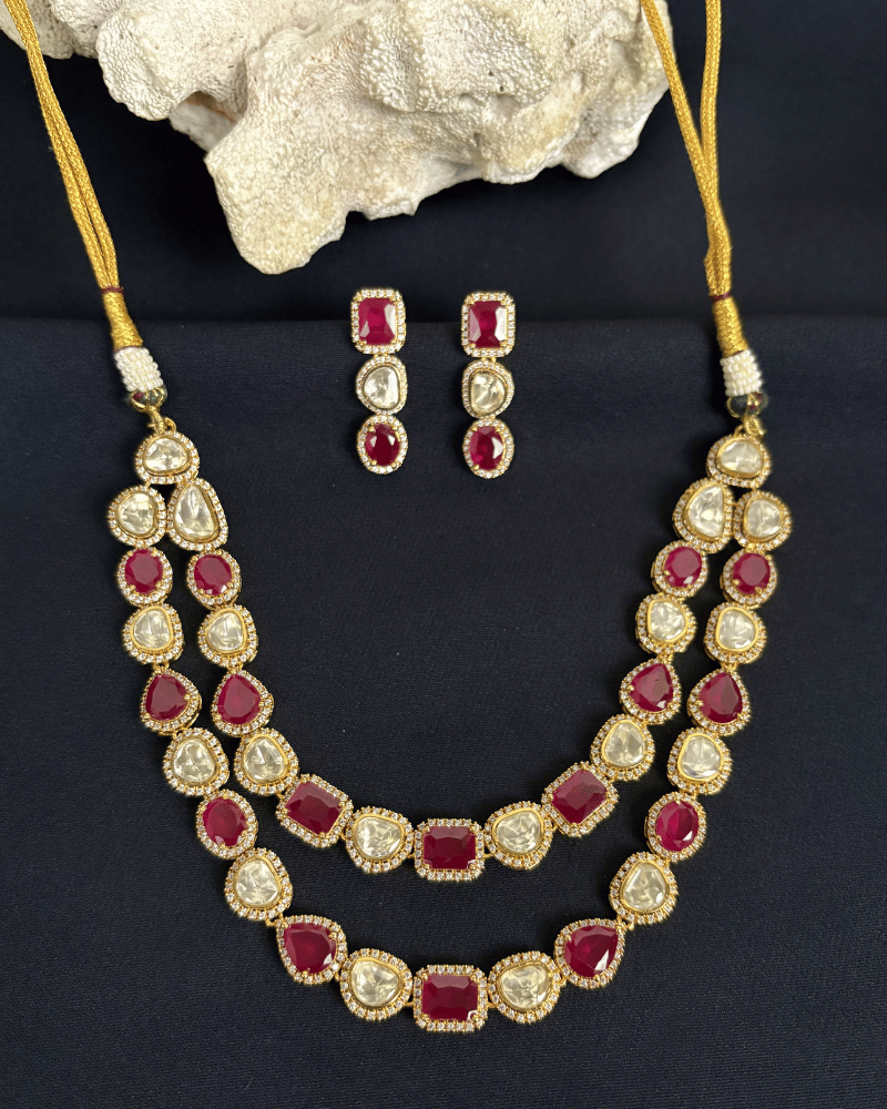 Double Line Ruby Moissanite Necklace with Diamond Border | Screw Back | 18K Gold Plating