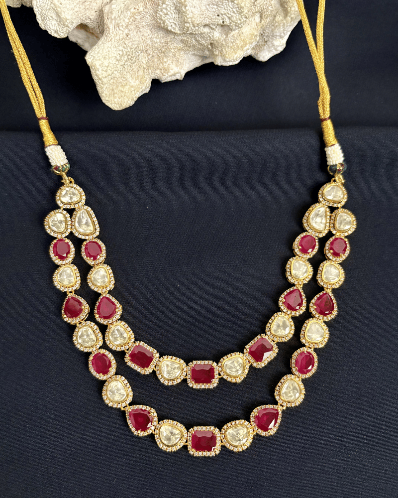 Double Line Ruby Moissanite Necklace with Diamond Border | Screw Back | 18K Gold Plating