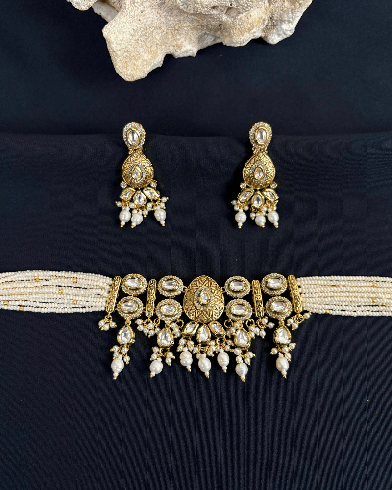 Vasundhara Kundan Choker | Mint Work | White Moti Strings