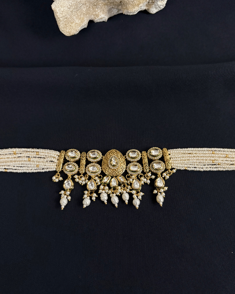 Vasundhara Kundan Choker | Mint Work | White Moti Strings