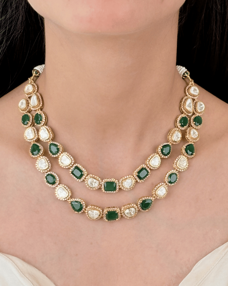Double Line Emerald Moissanite Necklace with Diamond Border | Screw Back | 18K Gold Plating