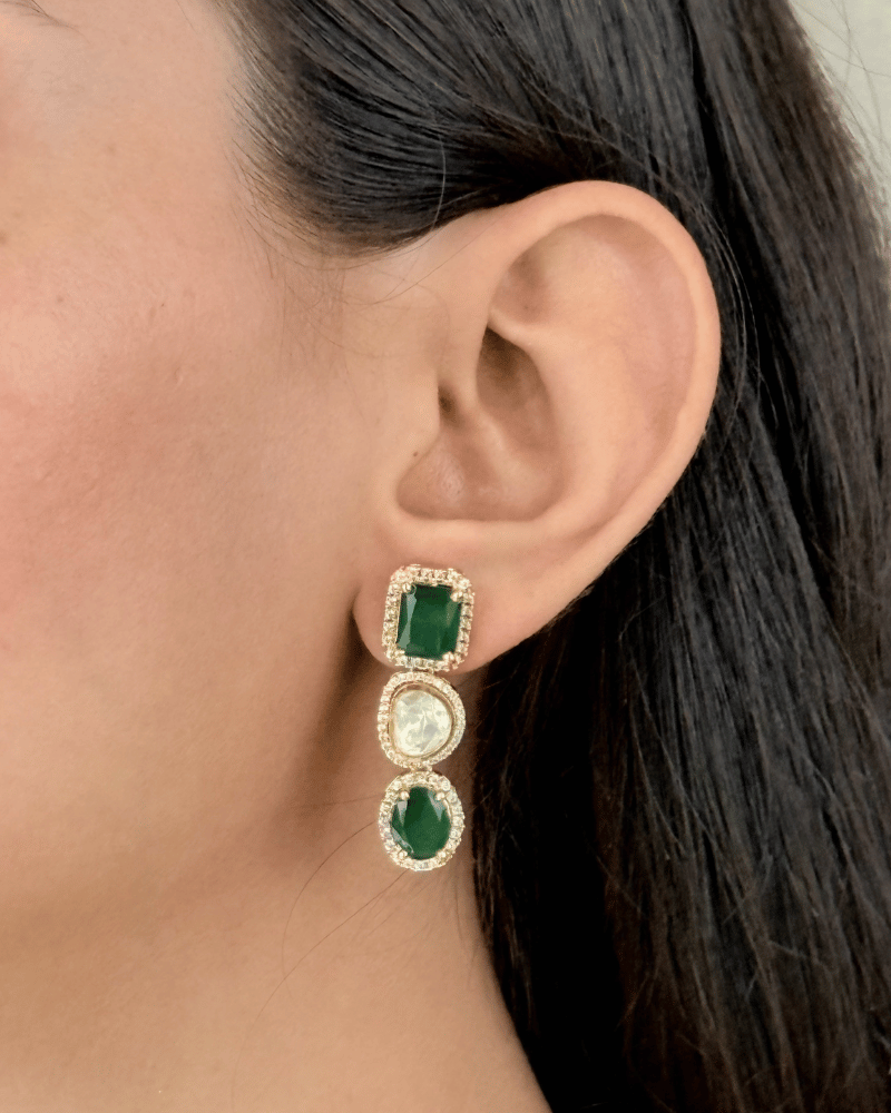 Double Line Emerald Moissanite Necklace with Diamond Border | Screw Back | 18K Gold Plating