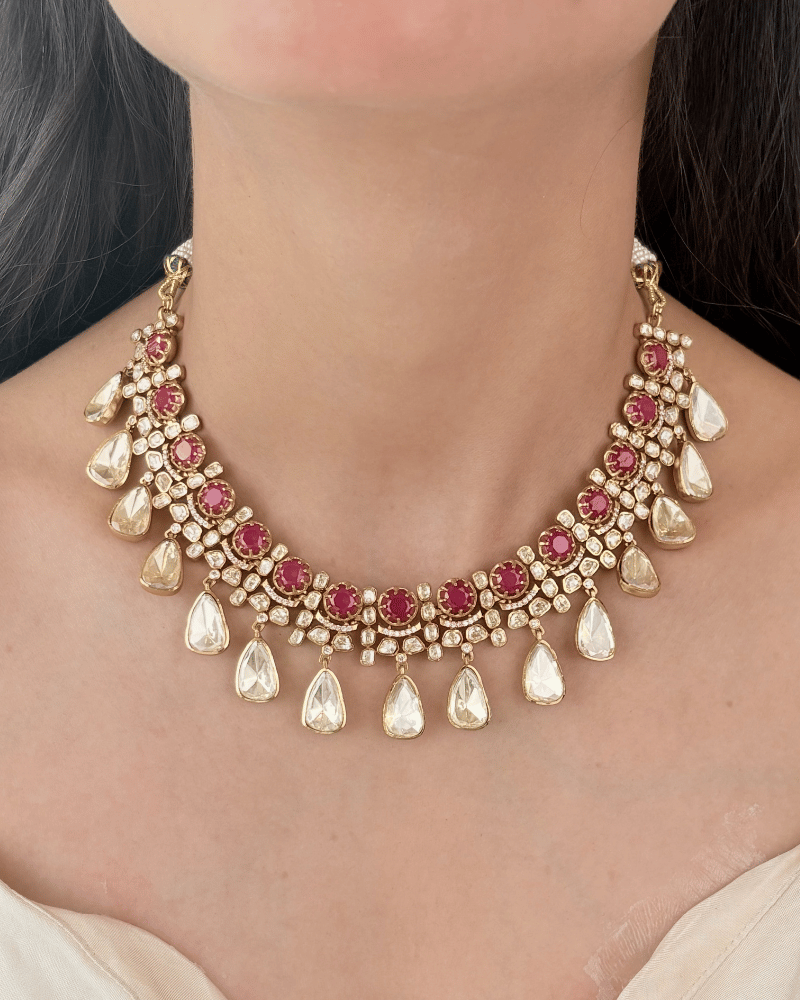 Ruh-e-Ruby Moissanite Haar | Screw Back | 18K Gold Plating