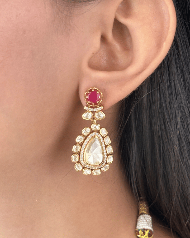 Ruh-e-Ruby Moissanite Haar | Screw Back | 18K Gold Plating
