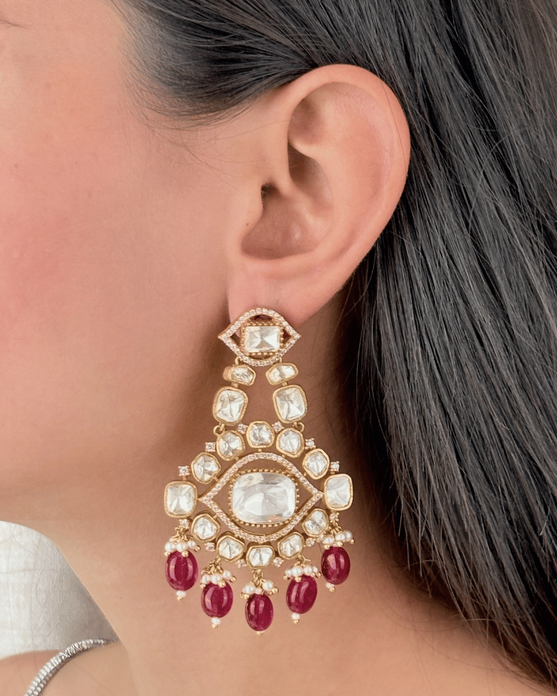 Nazar-e-Noor Ruby Danglers | Screw Back | 18K Gold Plating