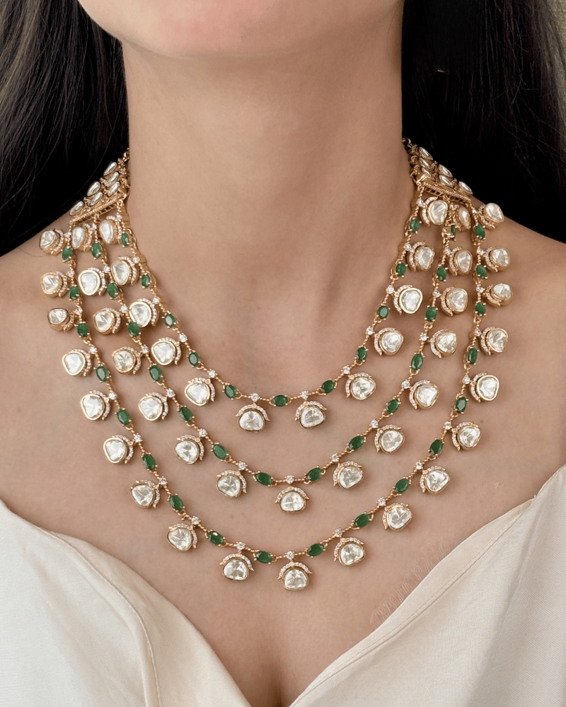 Rajsi Noor Triple Layer Emerald Moissanite Haar | Screw Back | 18K Gold Plating