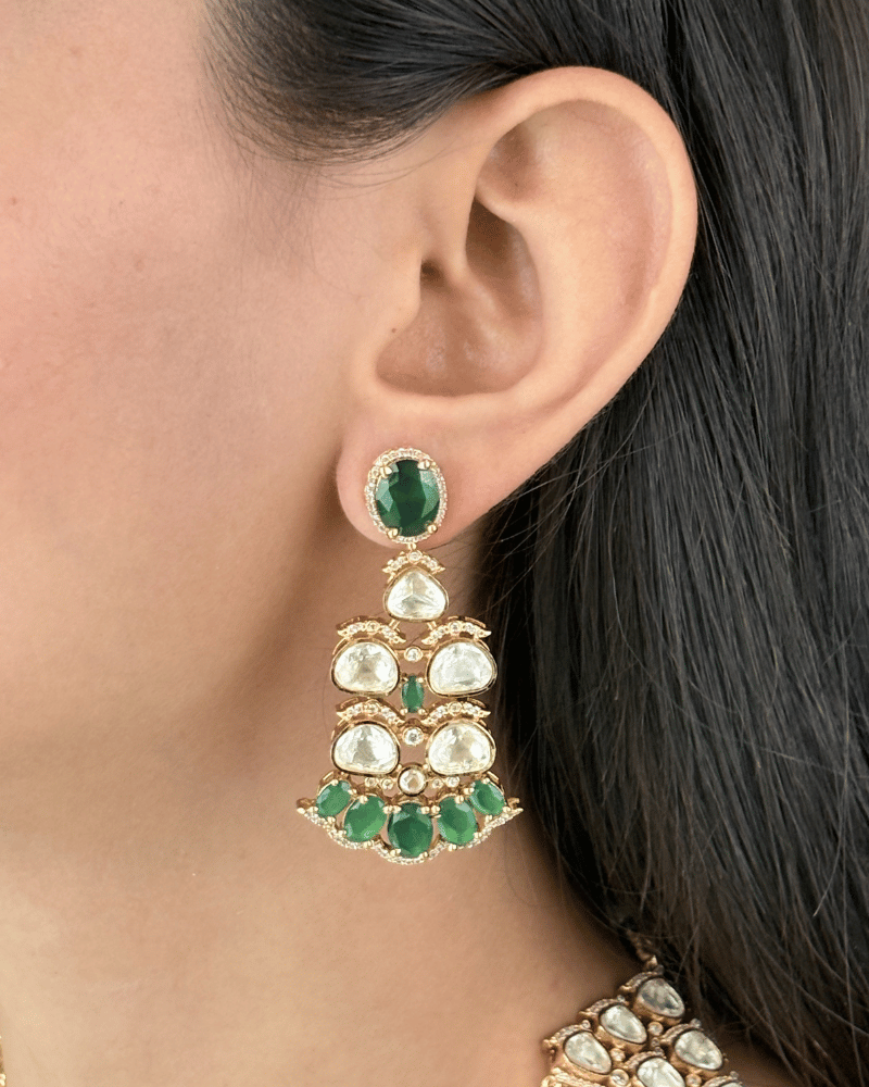 Rajsi Noor Triple Layer Emerald Moissanite Haar | Screw Back | 18K Gold Plating