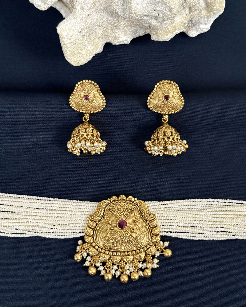 Harshini Golden Choker | White Moti Strings