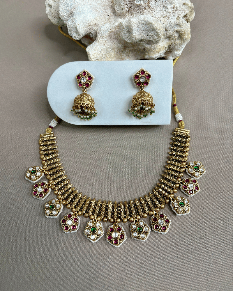 Trupti Golden Necklace | Emerald & Ruby Stones