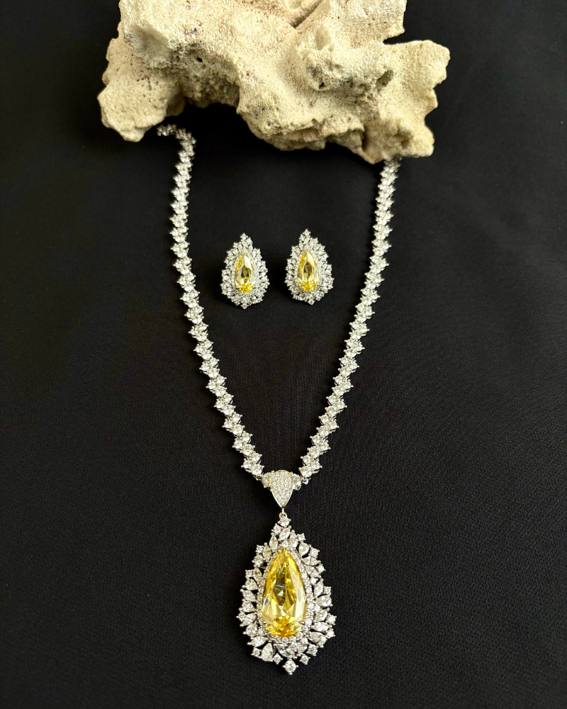 Diamond Sunflare Drop Necklace | 18K White Gold Plating