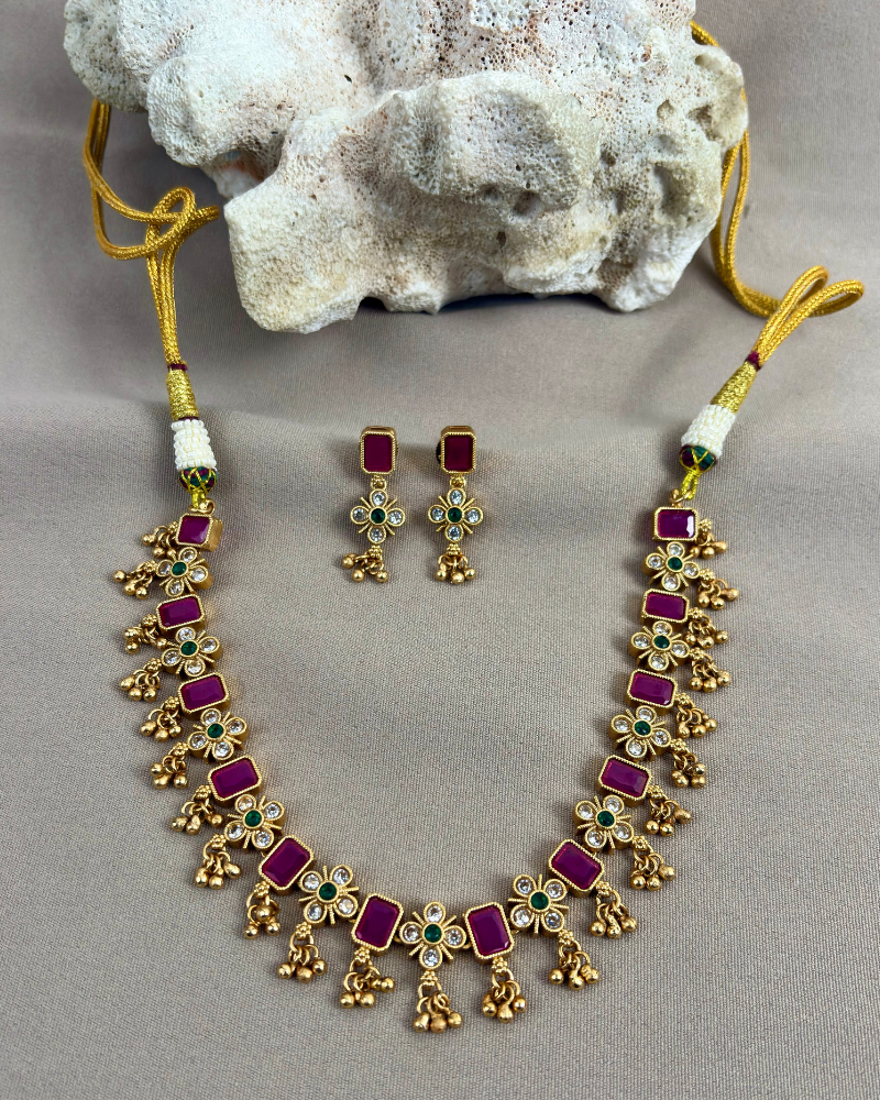 Reverse AD Ruby Necklace With Golden Drops
