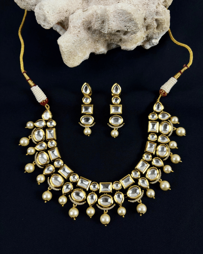 Double Line Kundan Haar With Moti Drops