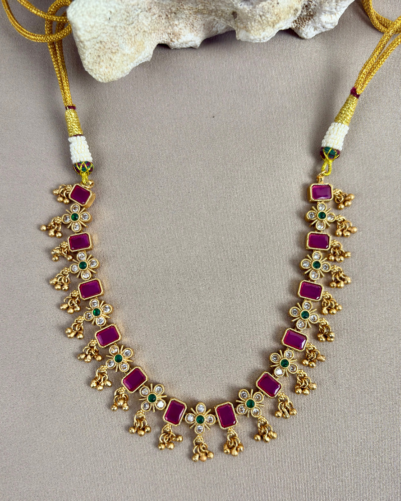 Reverse AD Ruby Necklace With Golden Drops