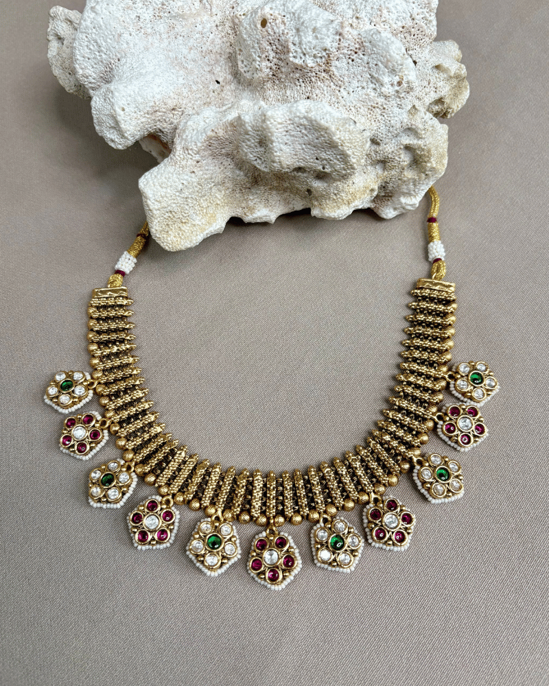 Trupti Golden Necklace | Emerald & Ruby Stones