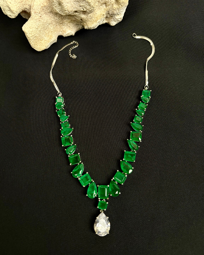 Forest Whisper Emerald Necklace With Crystal Drop