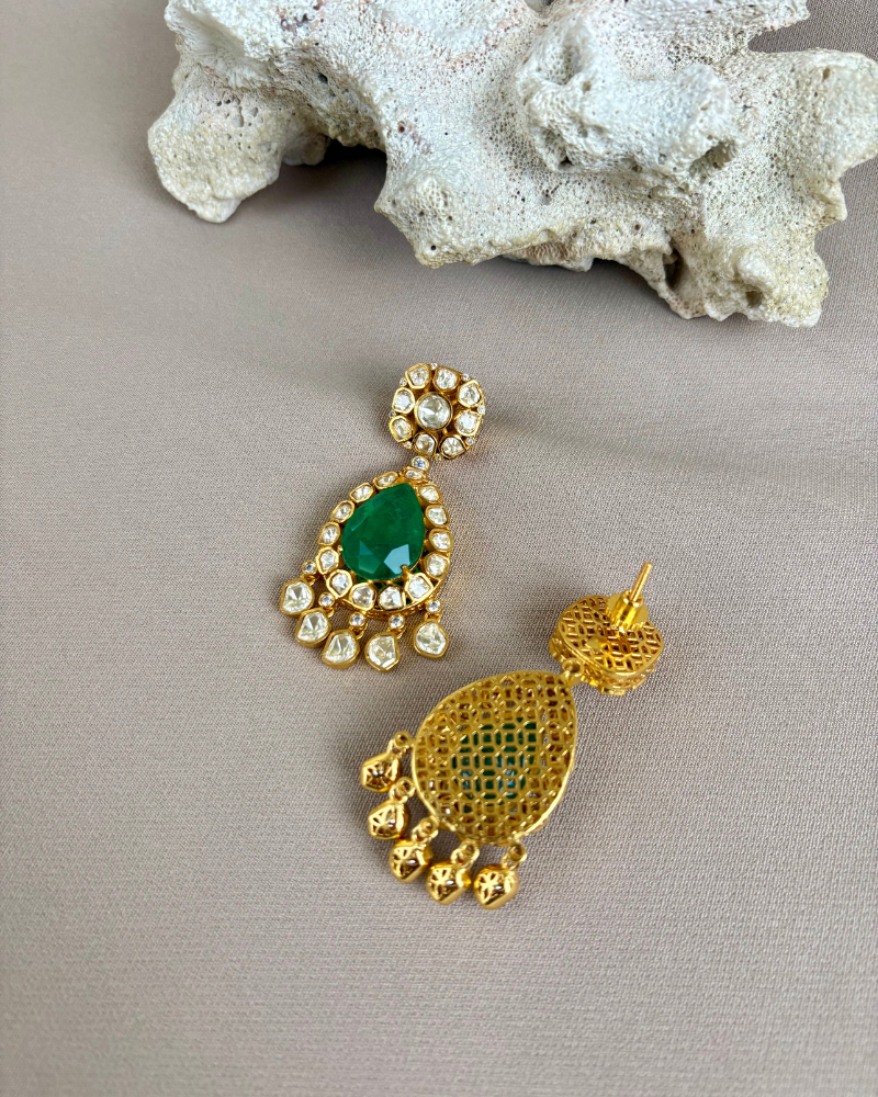 Saanjh Moissanite Earrings With Emerald Stone | Screw Back | Big Size | 18K Gold Plating