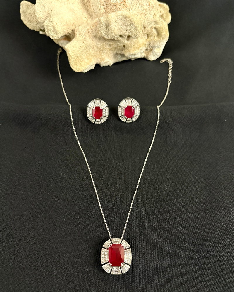 Regal Ruby Diamond Pendant With Chain | 18K White Gold Plating