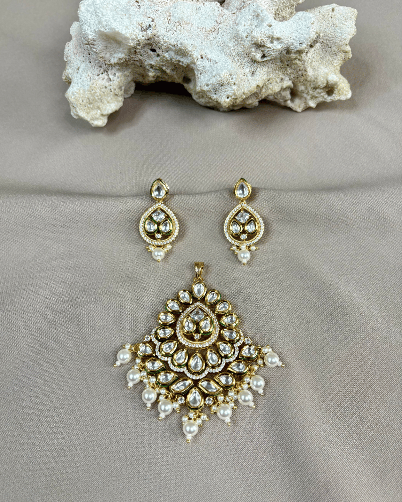 Kundan Pearl Drops Pendant Set | Moti Work | 18K Gold Plating