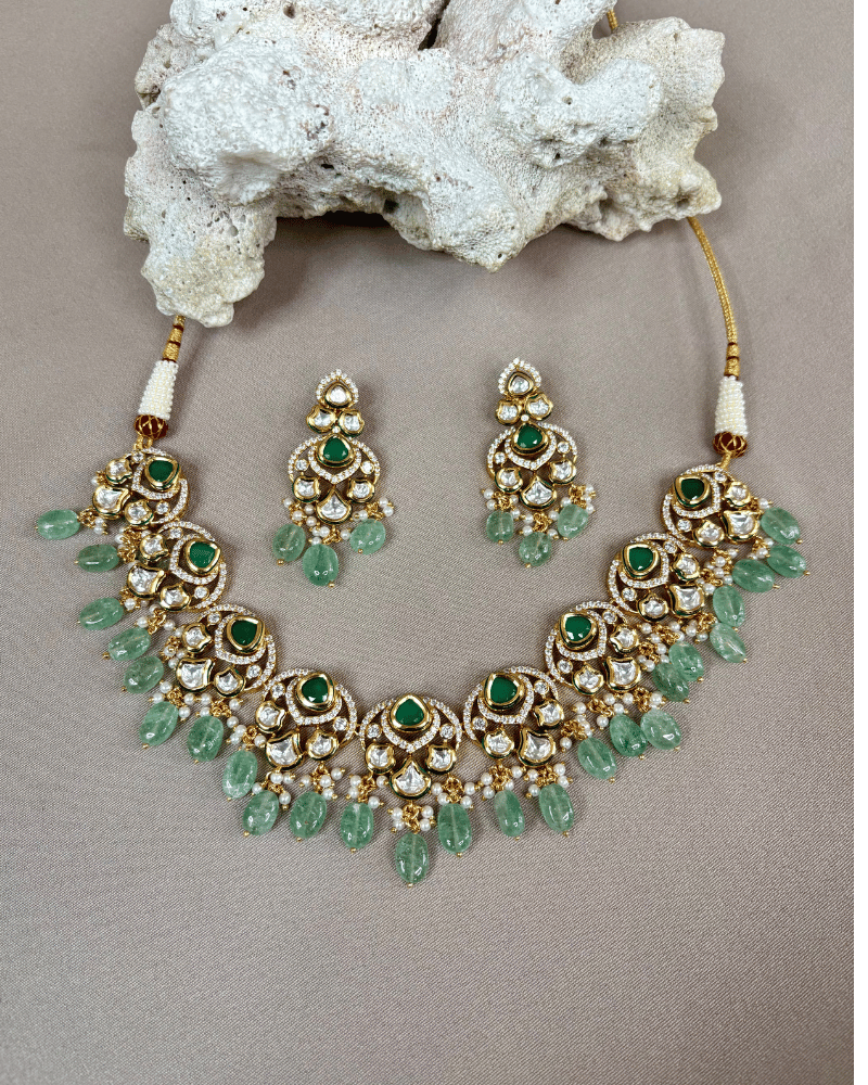 Emerlad Queen Kundan Necklace | Onyx Stone Drops | 18K Gold Plating