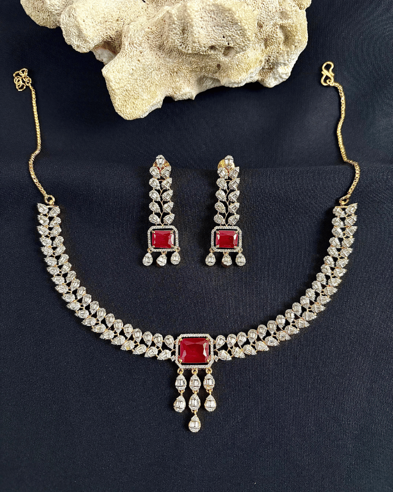 Double Line Ruby Drop Diamond Necklace