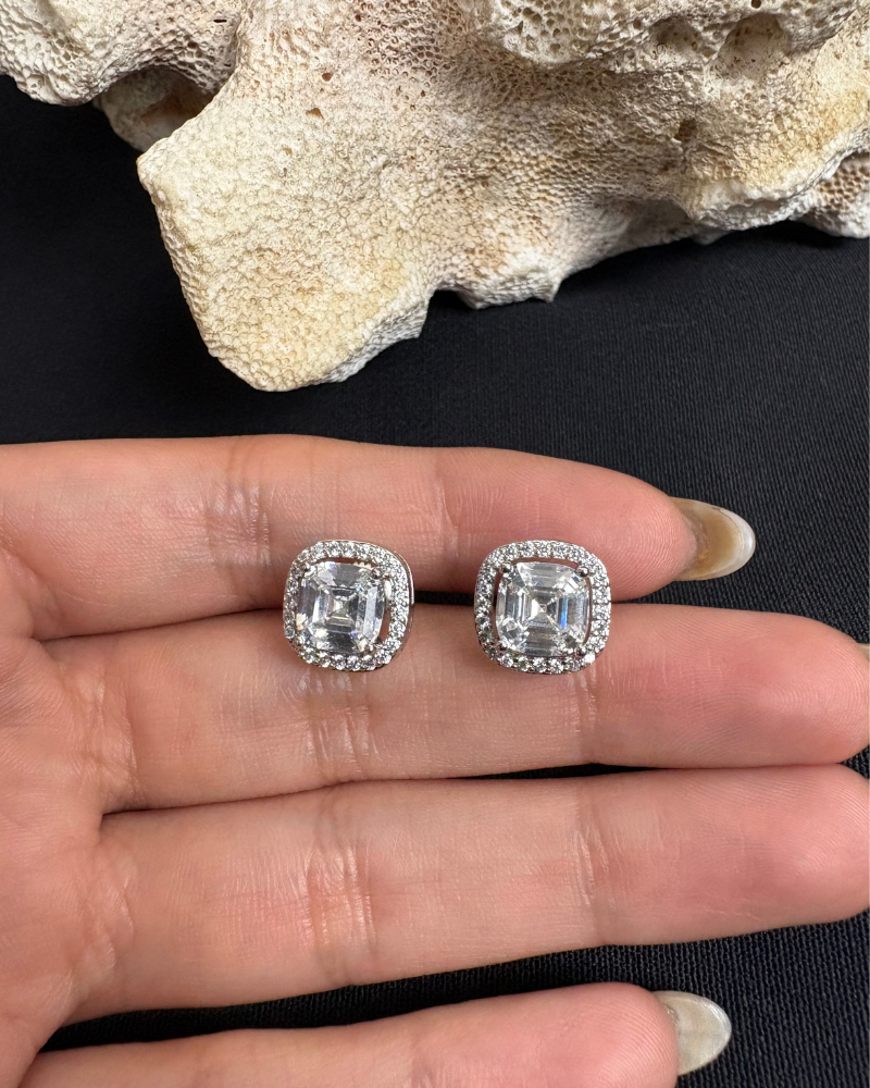 2 Carat Diamond Studs with Borders| Screw Back | Rhodium Plating