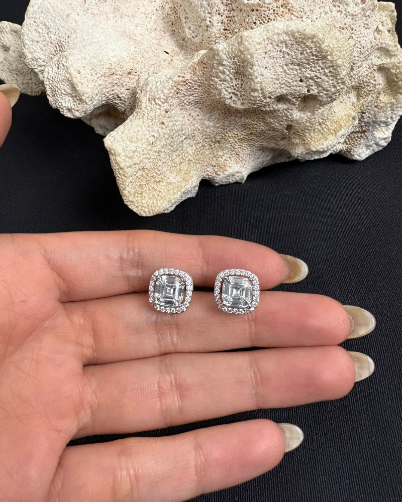 2 Carat Diamond Studs with Borders| Screw Back | Rhodium Plating