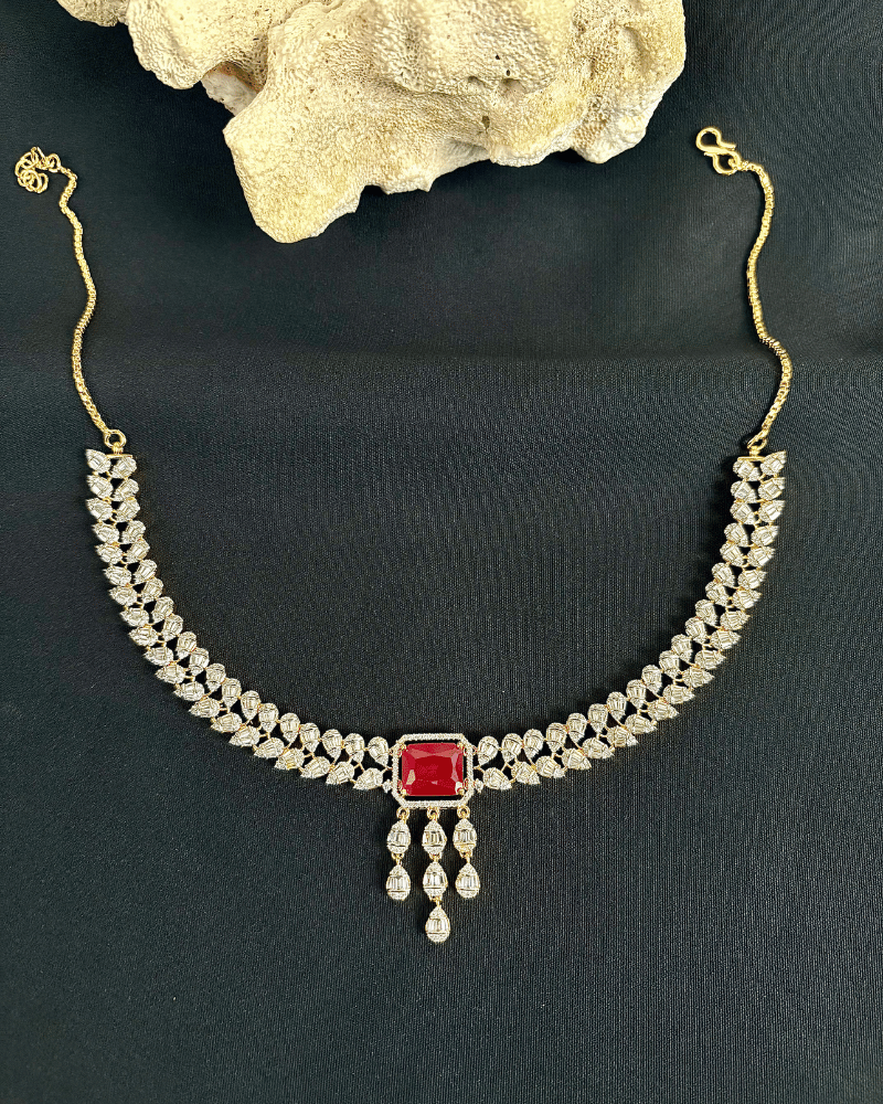 Double Line Ruby Drop Diamond Necklace
