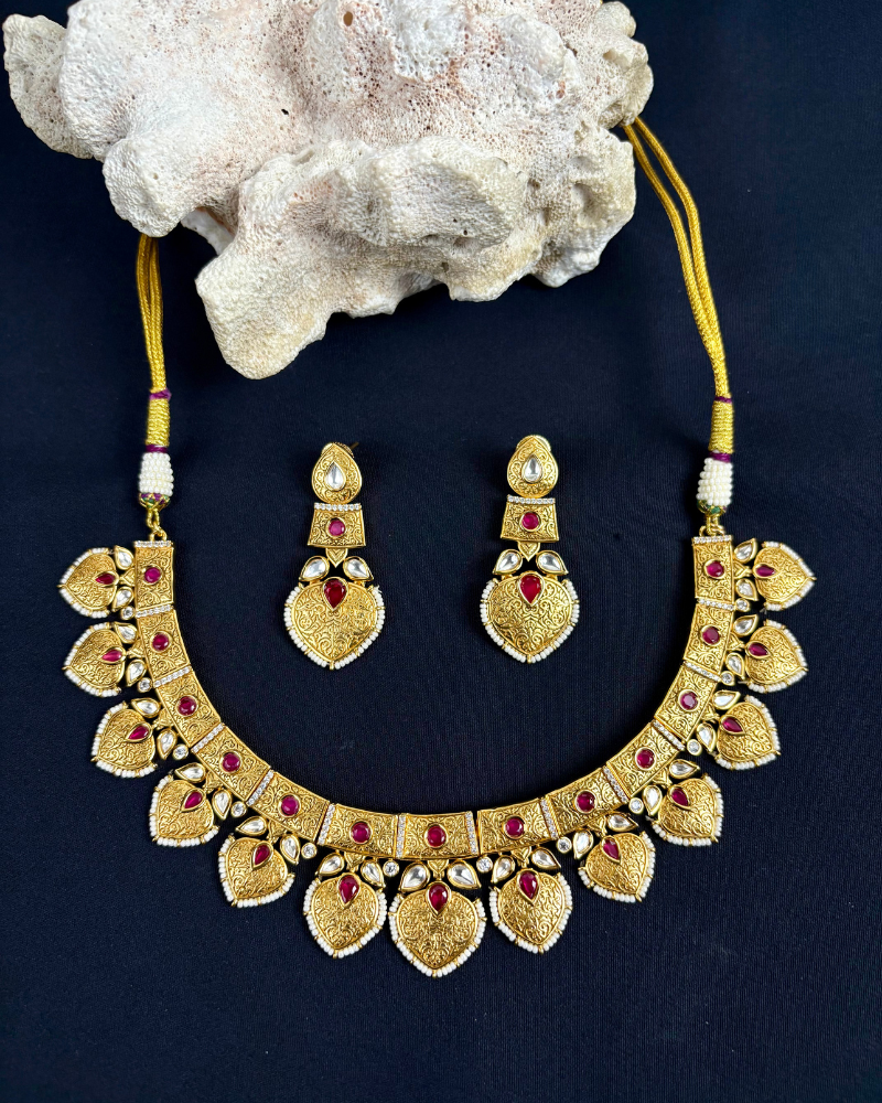 Pushpika Ratna Kundan Necklace | Mint Work | Maang Tikka Set | 18K Gold Plating