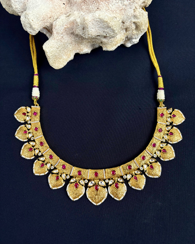 Pushpika Ratna Kundan Necklace | Mint Work | Maang Tikka Set | 18K Gold Plating