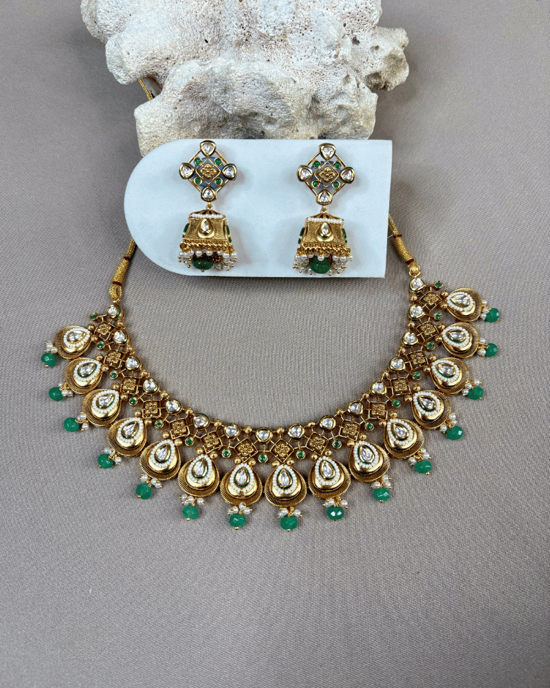 Rudramala Heritage Necklace With Emerald Droppings | 18K Gold Plating