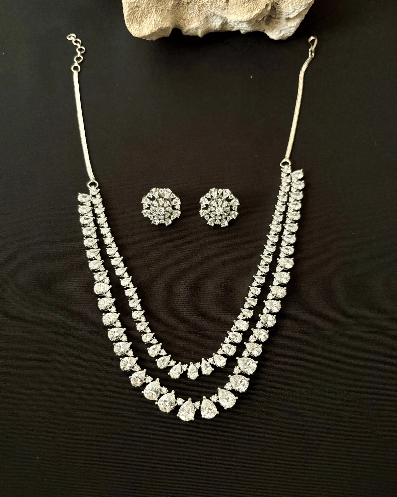 Double Line Marquise Stone Necklace | 18K White Gold Plating