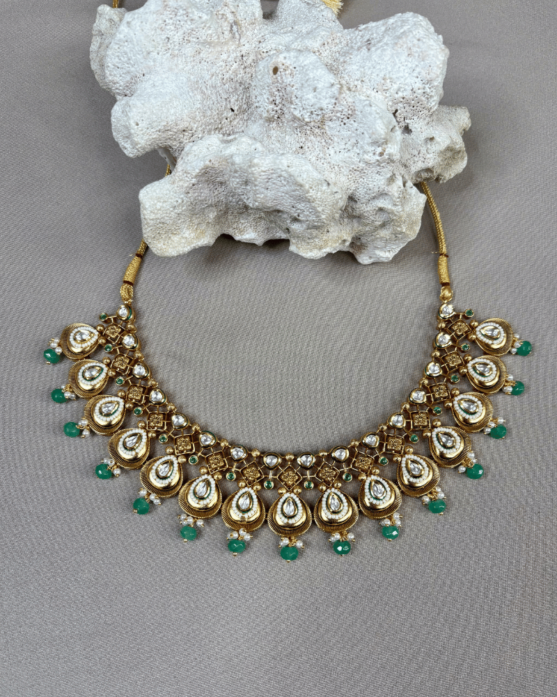 Rudramala Heritage Necklace With Emerald Droppings | 18K Gold Plating