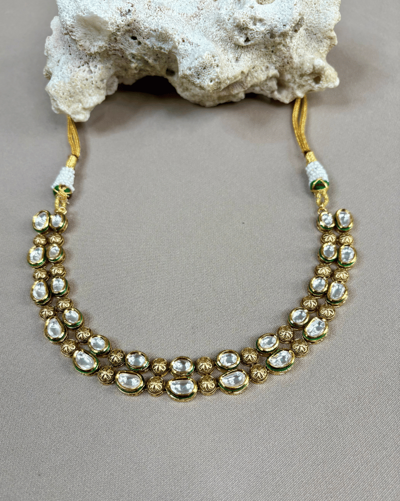 Anushi Double Line Kundan Necklace | 18K Gold Plating | Mint Work